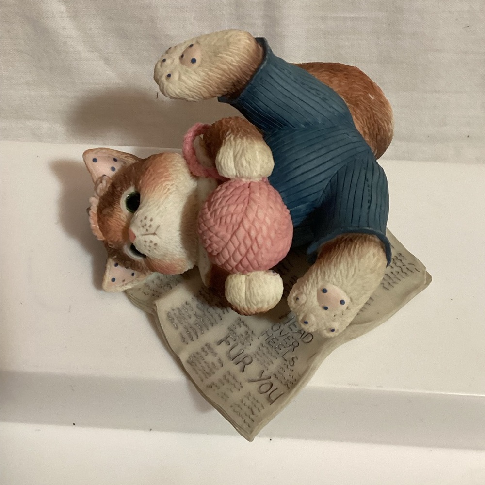Calico Kittens Charming Cat Figurine with Pink Yarn "Head Over Heels for You"